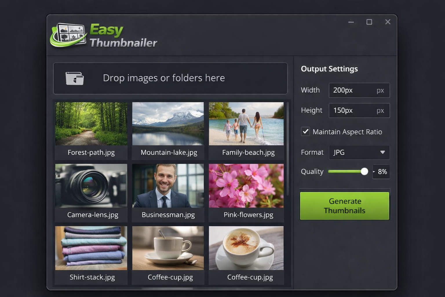 Easy Thumbnailer software interface showing a grid of loaded images with the output settings panel open ready to generate thumbnails