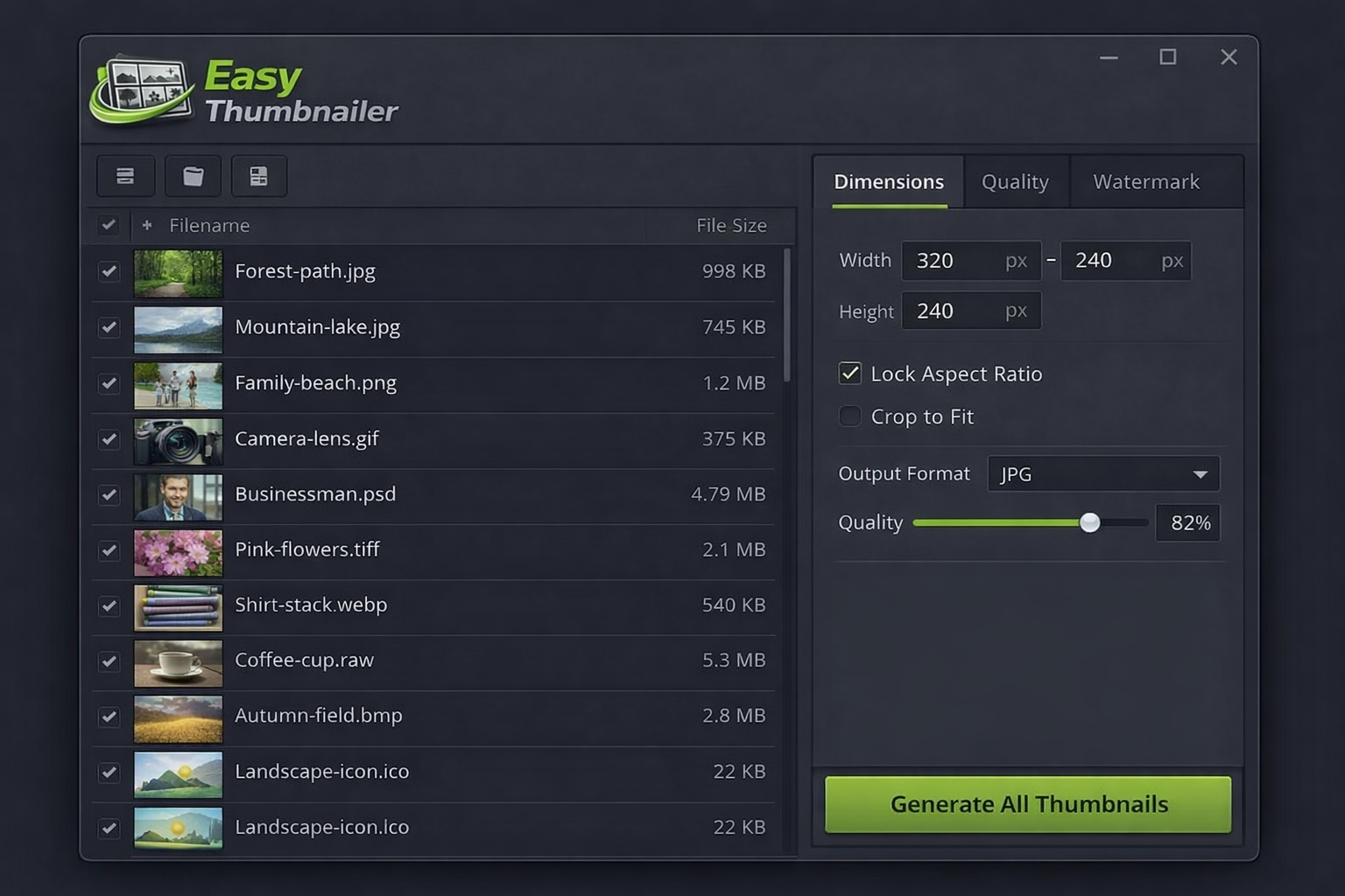 Easy Thumbnailer software showing batch image list on the left and output settings panel on the right with dimensions, quality and watermark tabs